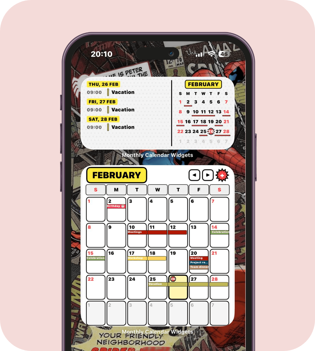 Monthly and weekly calendar widgets